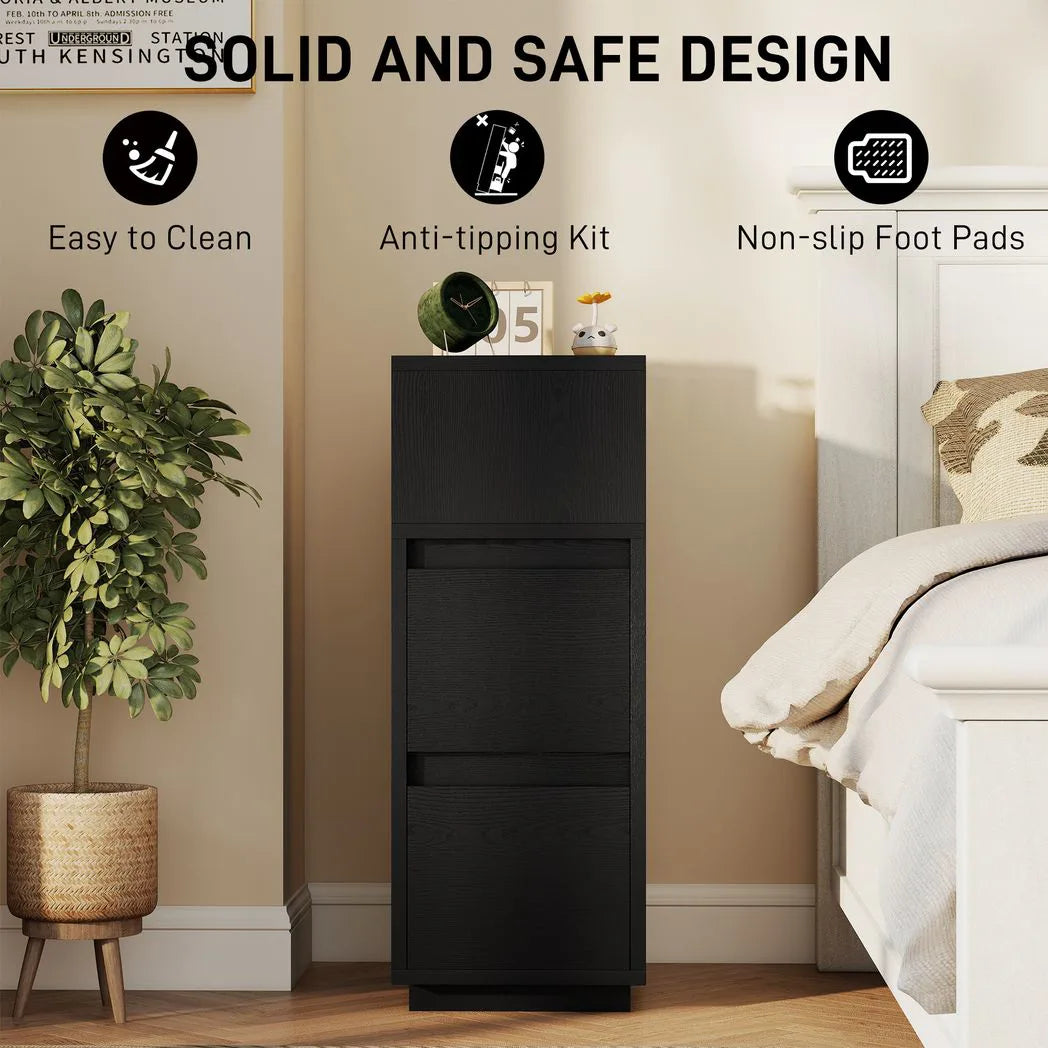 HOMCOM Slim Bedside Table with Open Shelf and 2 Drawers – Narrow Bedside Cabinet for Bedroom or Living Room, Black