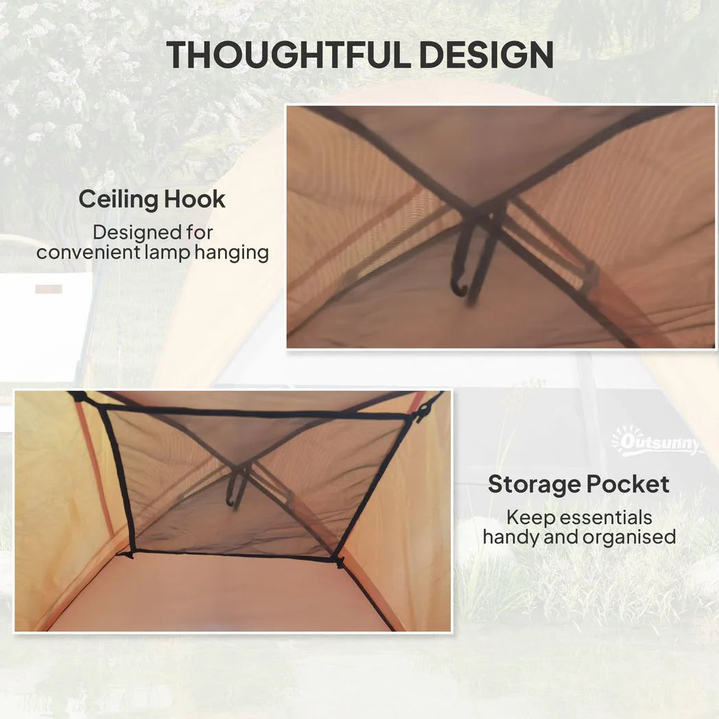 Outsunny 2-3 Man Dome Camping Tent with Sewn-in Groundsheet & Mesh Windows – Easy Set Up, 3000mm, Brown