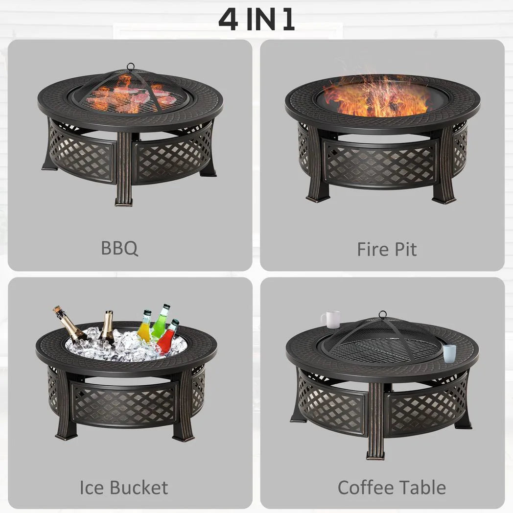 Outsunny 2-in-1 Outdoor Fire Pit with Grill Net, Mesh Lid and Poker – Camping and Bonfire, Bronze Tone