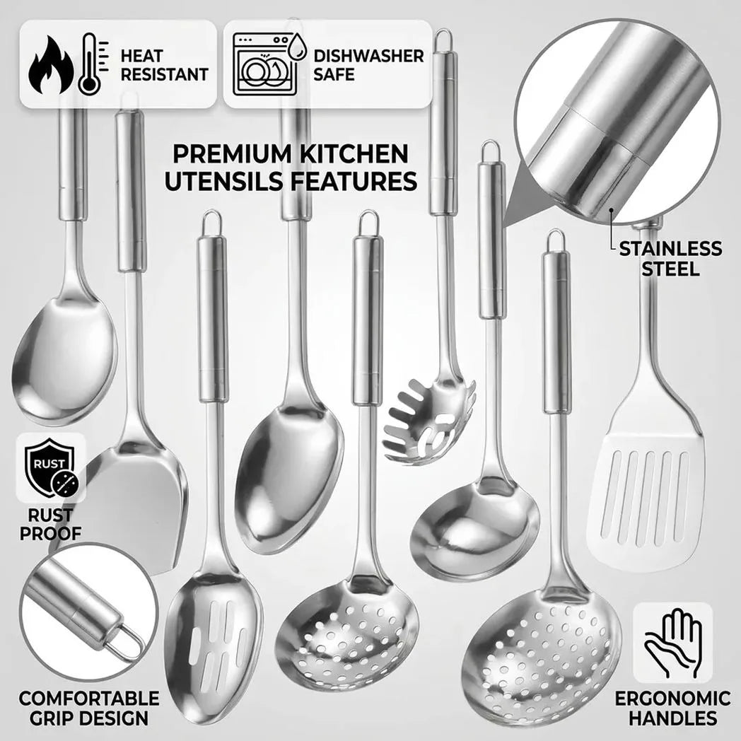 9-Piece Stainless Steel Kitchen Utensil Set with Ergonomic Handles and Hanging Holes – Cooking Tools