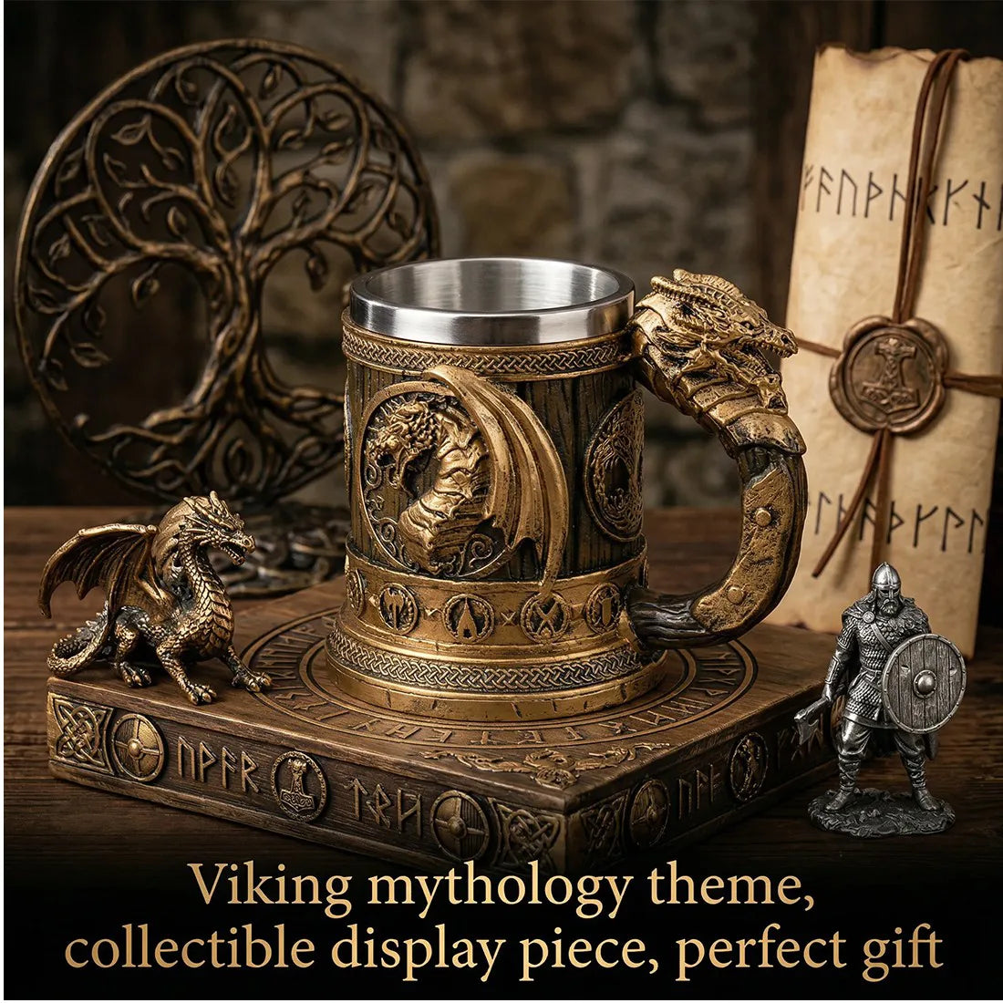 Viking Stainless Steel and Resin Tankard, 550ml Nordic Beer & Coffee Mug – Retro Drinking Cup with Spoon