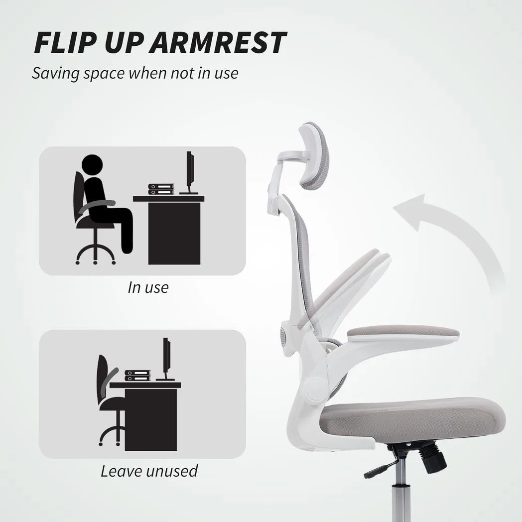 HOMCOM Mesh Back Office Chair with Lumbar Support, Headrest & Flip-Up Armrests – Ergonomic Desk Chair, Grey