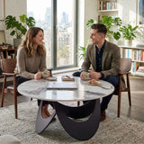 HOMCOM Round Coffee Table with Sintered Stone Top and Adjustable Foot Pads – Living Room, White and Black
