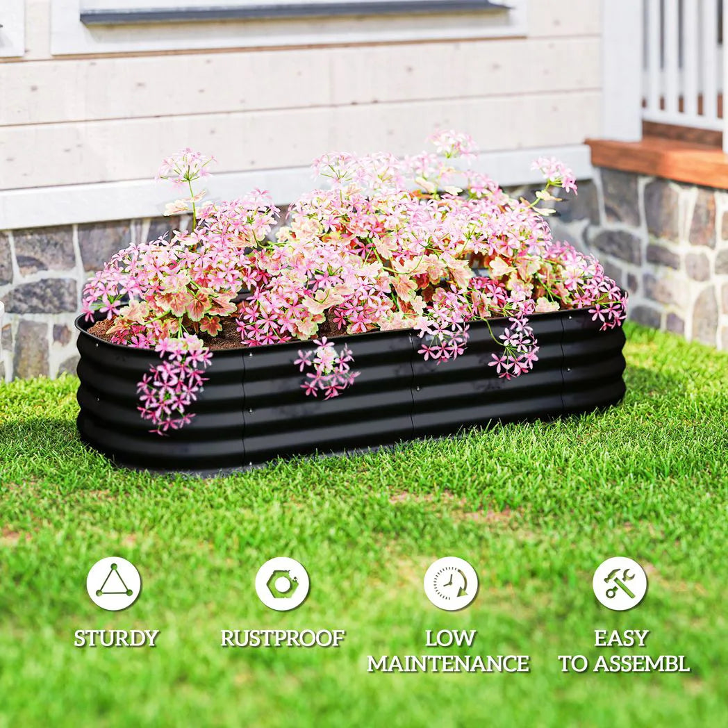 Outsunny Galvanised Steel Raised Garden Bed with Safety Edging, 150 x 62cm – Flowers and Herbs, Black