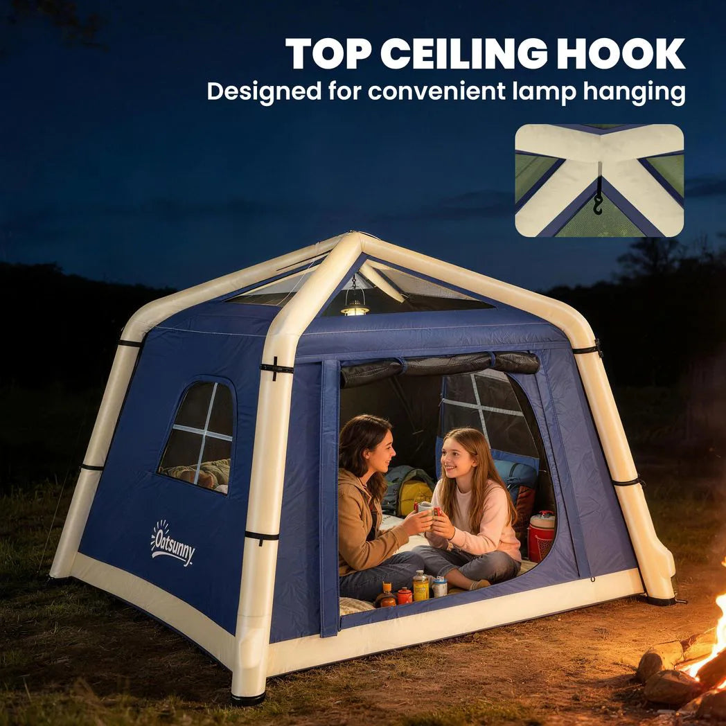 Outsunny Inflatable Camping Tent with Hand Pump – 1–2 Person Blackout Blow Up Air Tent with Carry Bag, Dark Blue