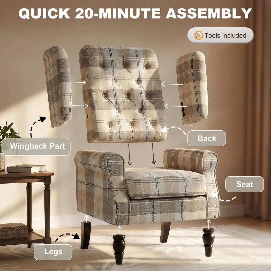 HOMCOM Wingback Accent Chair with Pocket-Spring Cushion and High Back – Linen-Look Armchair, Khaki Plaid