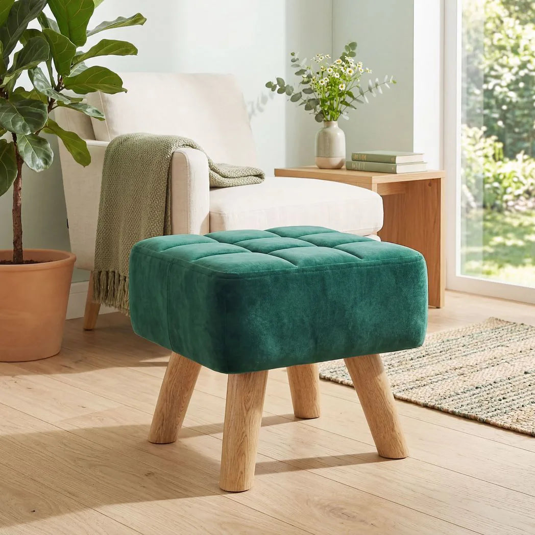 HOMCOM Velvet Square Padded Footstool with Wooden Legs – Leg Rest & Vanity Stool, Dark Green
