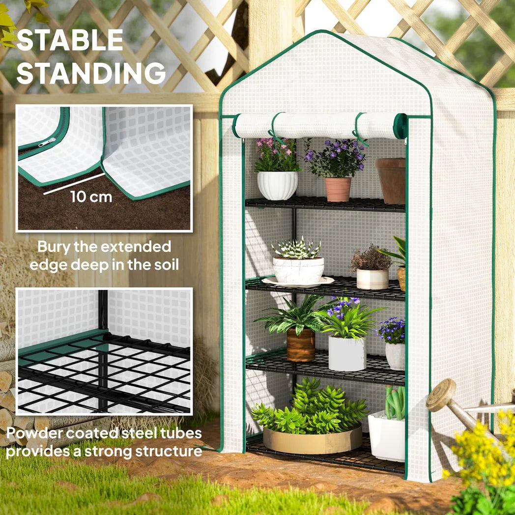 Outsunny Four-Tier Mini Greenhouse with Reinforced Plastic Cover and Roll-Up Door – Steel Frame Plant Shelter