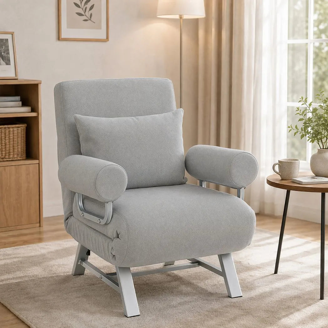 HOMCOM 3-in-1 Single Sofa Bed, Convertible Folding Chair Bed with Adjustable Backrest – Light Grey