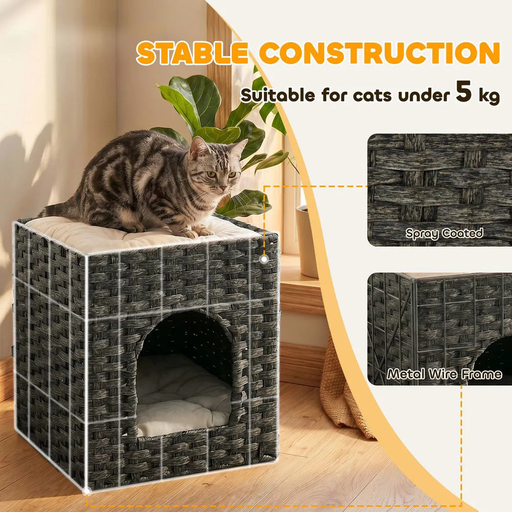 PawHut 2-Tier Wicker Cat House with Cushion – Handwoven Rattan Indoor Cat Bed, Grey