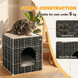 PawHut 2-Tier Wicker Cat House with Cushion – Handwoven Rattan Indoor Cat Bed, Grey