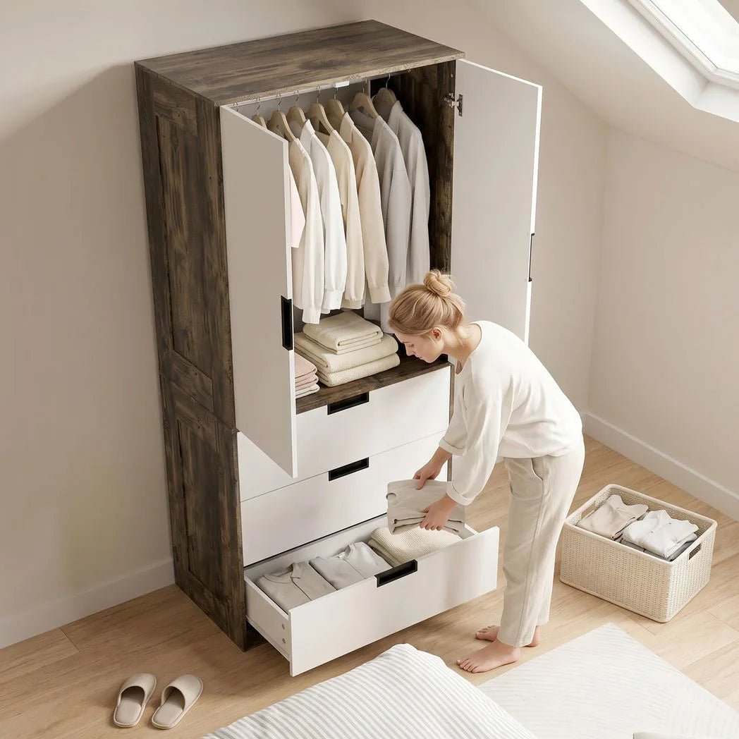 HOMCOM Wardrobe with 3 Drawers, 2 Soft-Close Doors & Hanging Rail – Space-Saving Storage, Rustic Brown