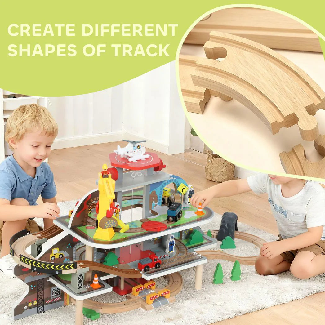 AIYAPLAY 79 Piece Wooden Train Set with Crane, Lift and Helipad – Mine-Themed Kids Train Track Toy