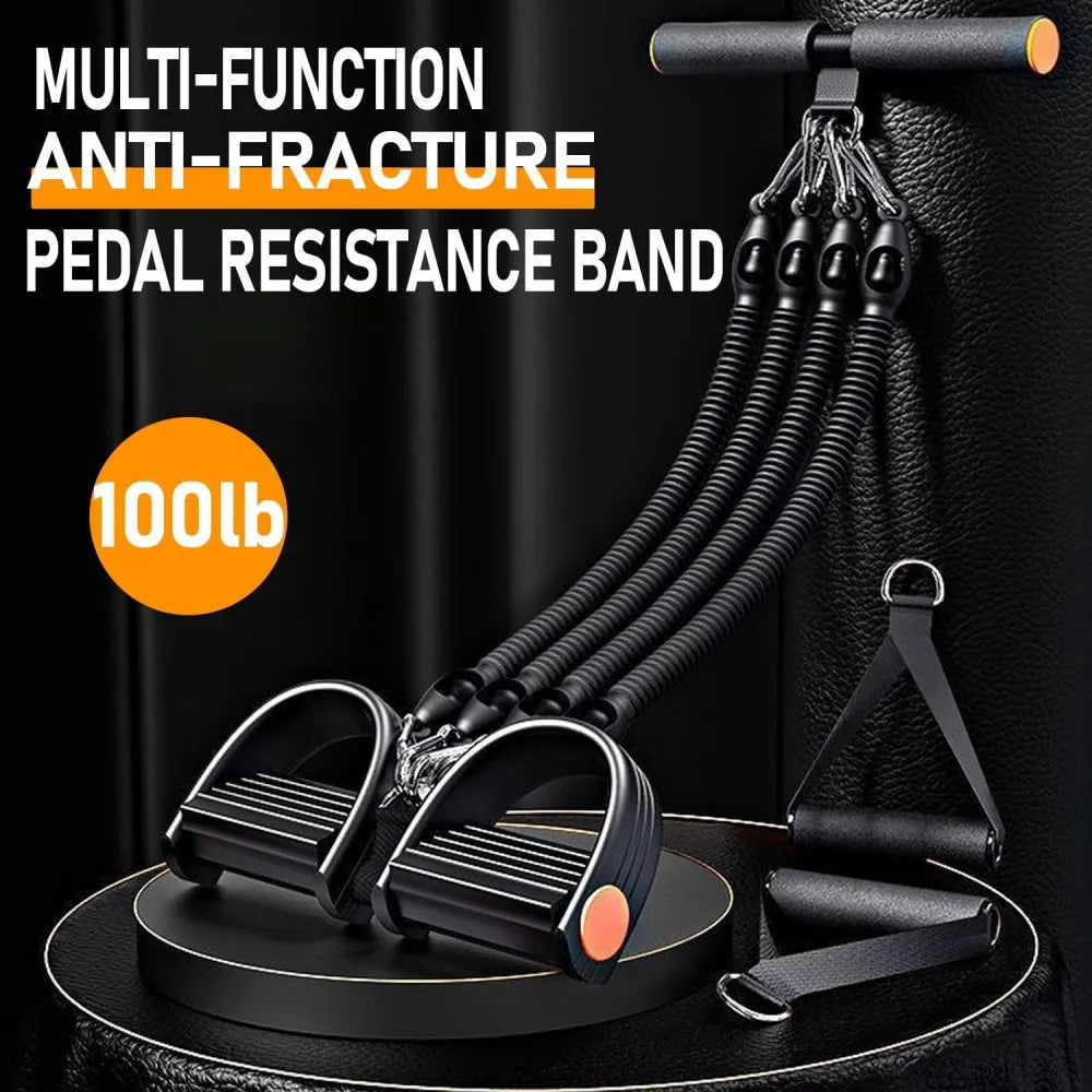 Pedal Resistance Band with 4 Tubes & Foam Handles – Adjustable 25–100lb Full Body Workout Kit with Door Anchor
