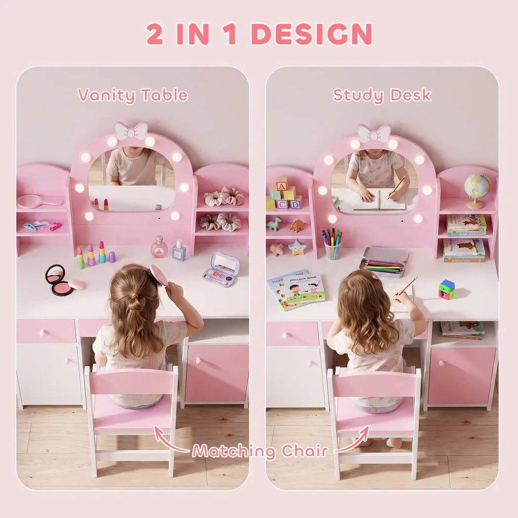 AIYAPLAY Kids Vanity Set with Stool, Dual-Colour Lights Mirror, Cabinets, Drawer & Shelves – Children's Dressing Table, Pink