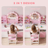 AIYAPLAY Kids Vanity Set with Stool, Dual-Colour Lights Mirror, Cabinets, Drawer & Shelves – Children's Dressing Table, Pink