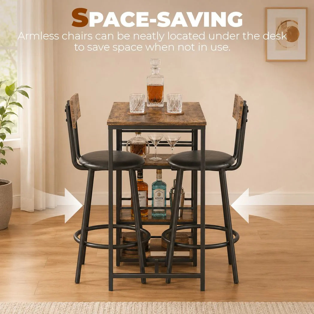 HOMCOM 3-Piece Bar Table and PU Leather Stools Set with Storage Shelves – Breakfast Bar for 2, Rustic Brown