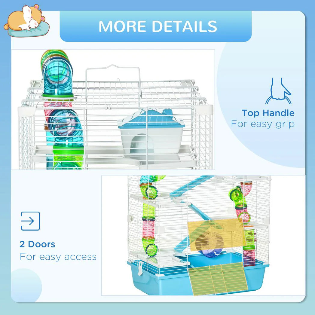 PawHut Hamster Cage with Water Bottle, Exercise Wheel, Play Tubes & Ramps – Small Animal Habitat, Light Blue