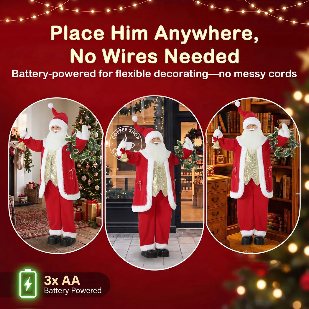 HOMCOM 150cm Life-Size Singing Santa Claus with Bell & Wreath – Animated Sound/Touch Christmas Decoration
