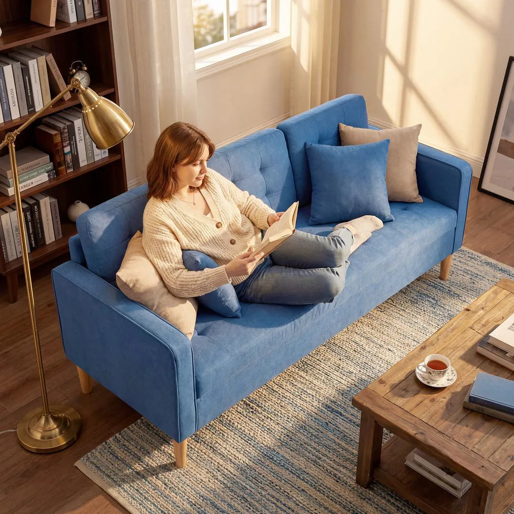 HOMCOM 3 Seater Sofa with Hidden Storage, Button Tufting and Wood Legs, 169 cm – Compact Couch, Blue