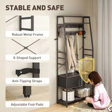 HOMCOM Industrial Hall Tree Coat Rack with Shoe Bench, 10 Removable Hooks, 2 Fabric Drawers and Clothes Rail – Grey