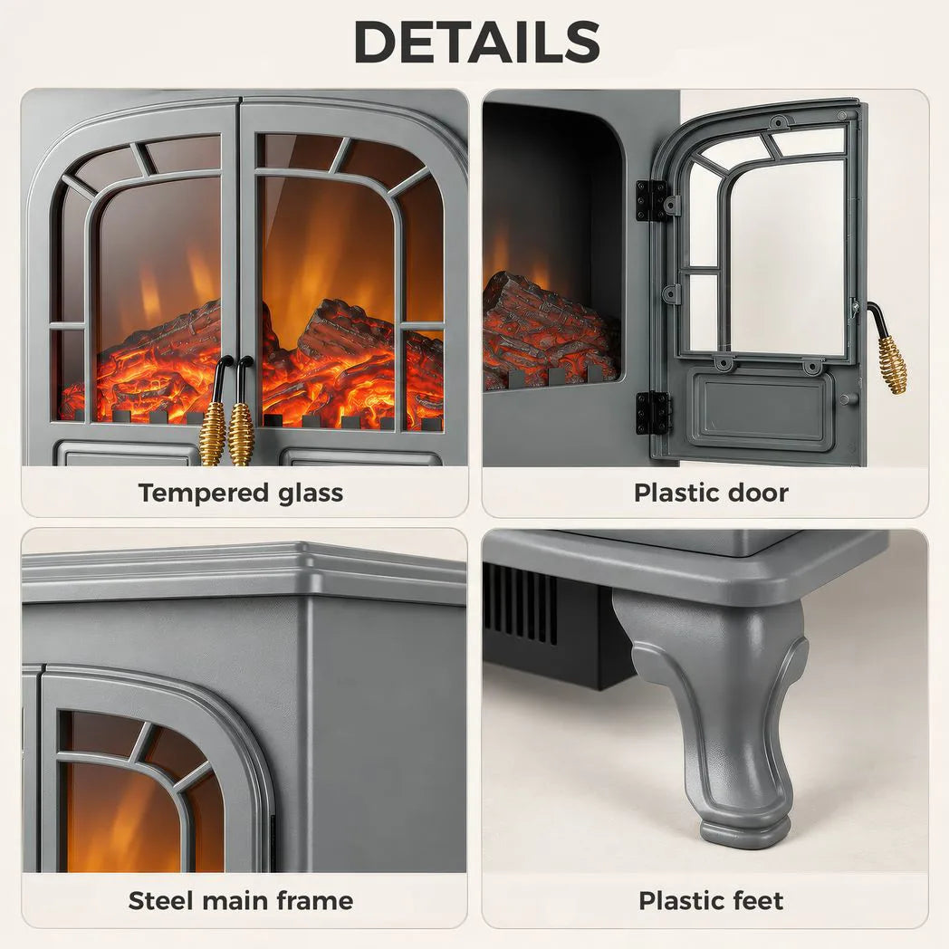 HOMCOM Freestanding Electric Fireplace Stove with LED Flame, 1000W/2000W Heater and Double Doors, Grey