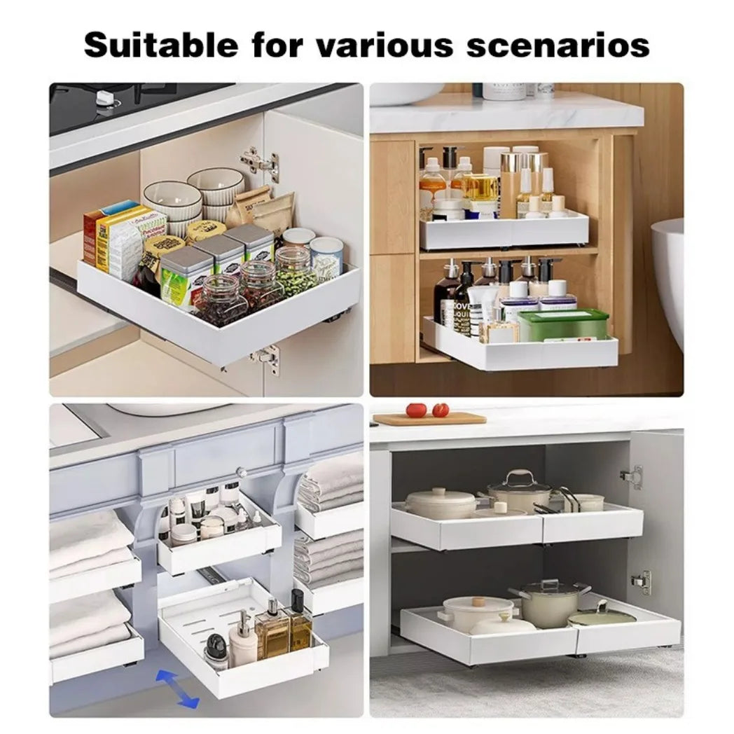 Extendable Pull Out Cabinet Organiser with Silent Slide Rails – No-Drill Kitchen Slide Out Storage Shelf