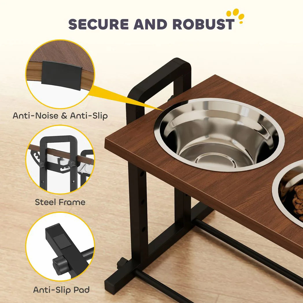 PawHut Raised Dog Bowls with Stand, 4 Adjustable Heights & 3 Angles, 2 x 1.2L Stainless Steel Feeder, Brown