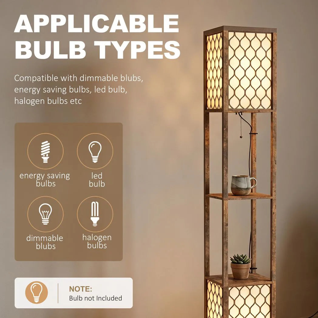 HOMCOM Duo Light Floor Lamp with 2 Storage Shelves – 160cm Standing Lamp and Display Unit, Rustic Brown