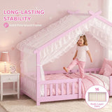 AIYAPLAY Wooden House Kids Single Bed with Dual Guardrails – Solid Pine, Pink, Fits 90 x 200 cm Mattress