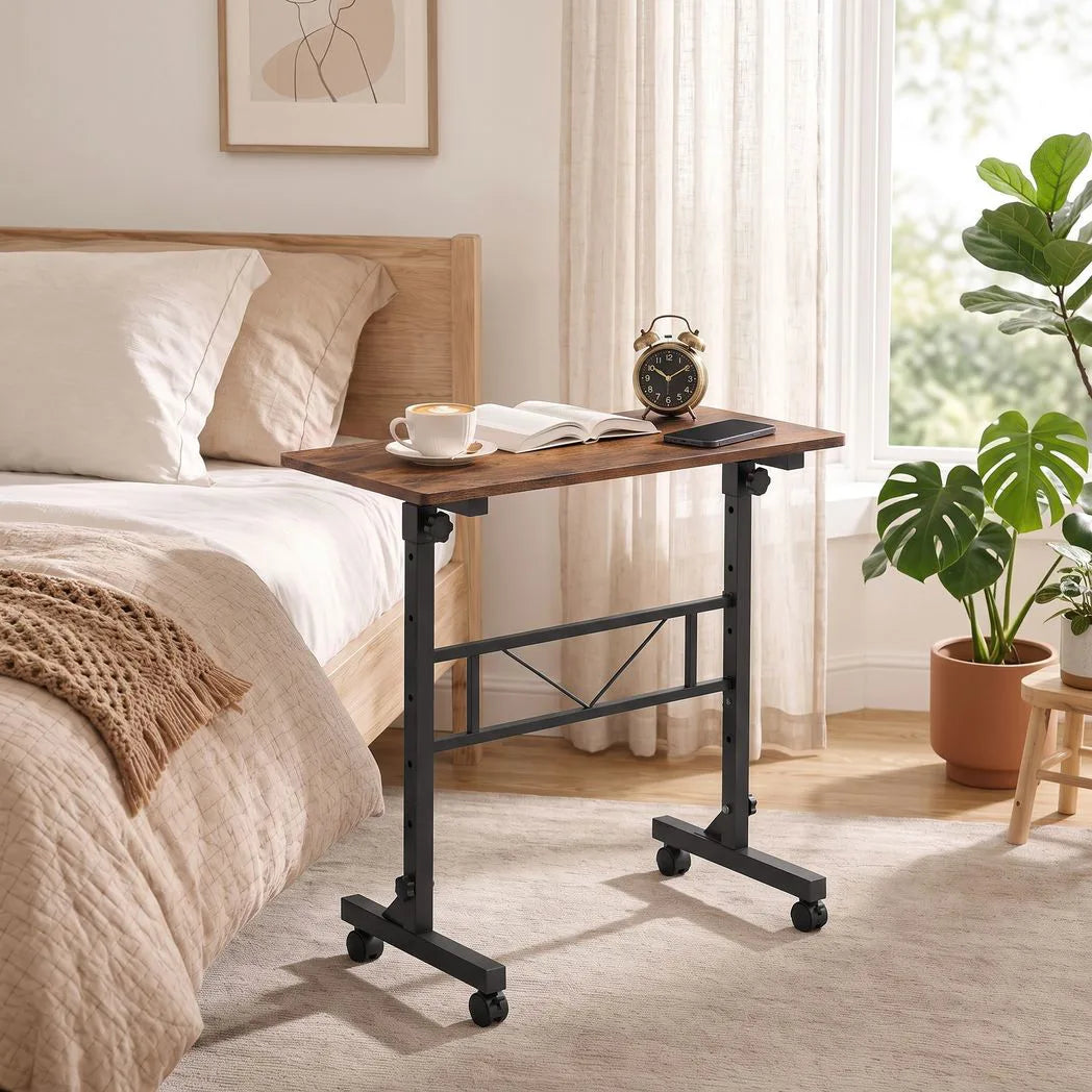 HOMCOM Overbed Table with 6 Adjustable Heights & Lockable Wheels – 80 x 40 cm Sofa Side Table, Rustic Brown
