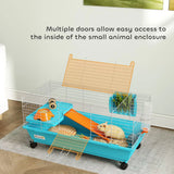 PawHut Small Animal Cage on Wheels with Water Bottle and Ramp – Rabbit and Guinea Pig Hutch, 89cm