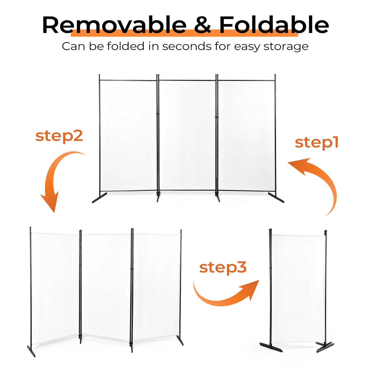 3-Panel Folding Room Divider Screen, 6ft Polyester Fabric, Carbon Steel Frame – Privacy Partition, Off-White