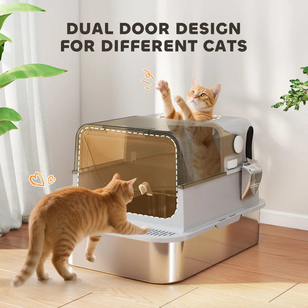 PawHut XXL Stainless Steel Cat Litter Box with 90° Flip Cover, Double Doors & Scoop – Enclosed, Grey