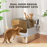 PawHut XXL Stainless Steel Cat Litter Box with 90° Flip Cover, Double Doors & Scoop – Enclosed, Grey