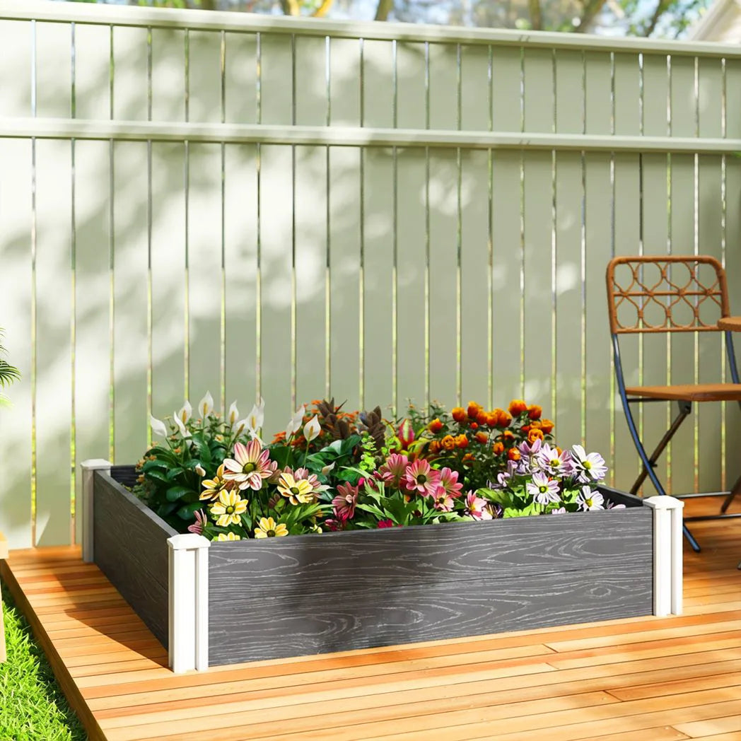 Outsunny Vinyl Raised Garden Bed Kit with Slotting Legs and Open Bottom – Modular 3 x 3 x 1ft Planter, Dark Grey