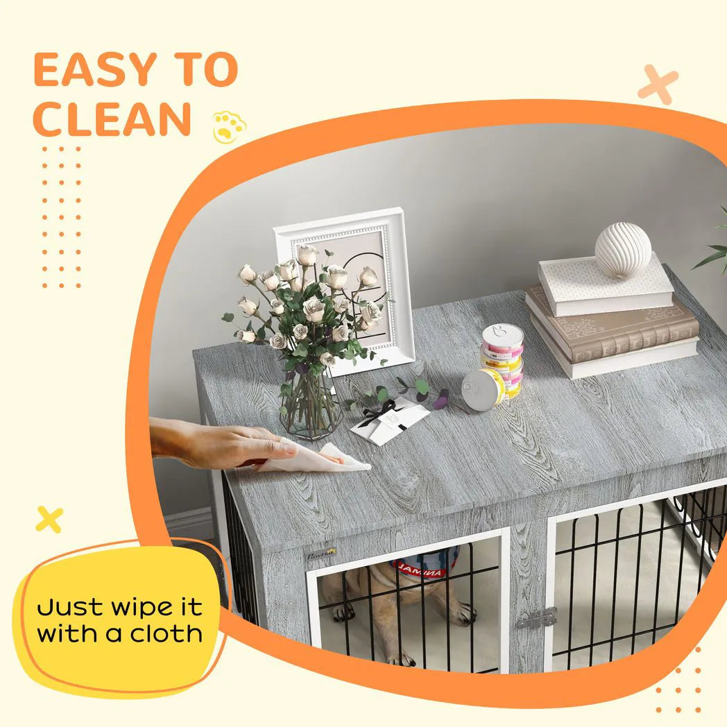 PawHut Dog Crate Furniture End Table with Cushion and Double Doors – Indoor Kennel, Grey