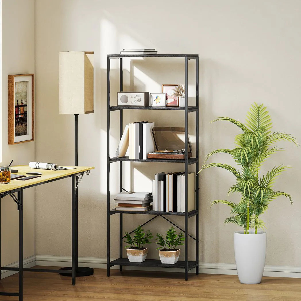 HOMCOM 5-Tier Industrial Bookcase with Metal Frame and Anti-Tipping Straps – Display Shelf, Dark Grey and Black