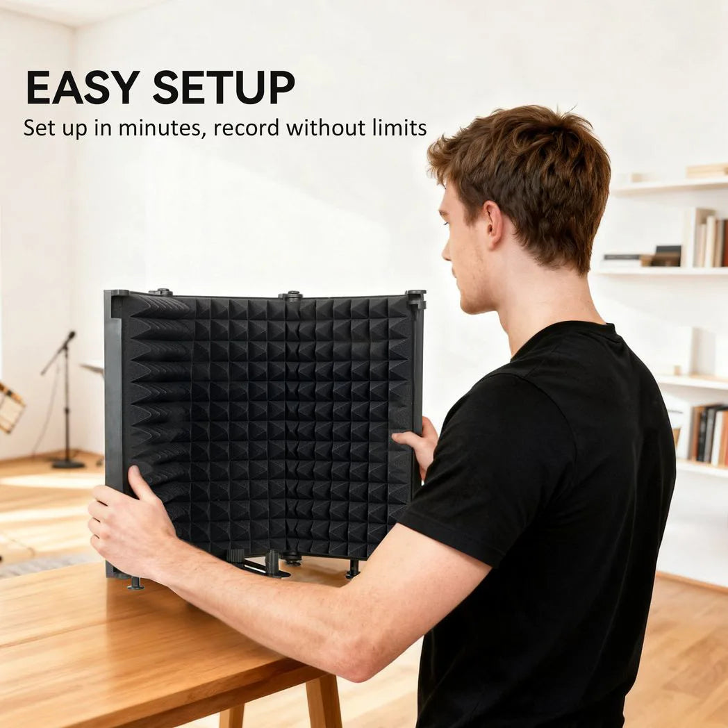 HOMCOM Studio Microphone Isolation Shield with 3 Foldable Foam Panels & 3/8" Mount – Home Recording, Black