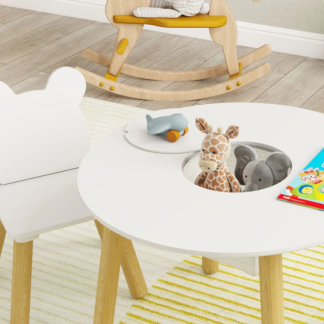 AIYAPLAY 3-Piece Kids Activity Table and Chairs Set with Storage Mesh Bag, Bear Backrests – White