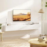 HOMCOM Floating TV Stand with Fluted Doors and Cable Hole – Wall-Mounted TV Unit for TVs up to 72", White