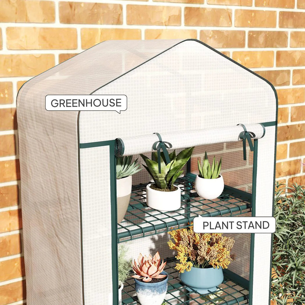 Outsunny 4 Tier Mini Portable Greenhouse with PE Cover & Lockable Wheels – Compact Plant Grow Shed, White