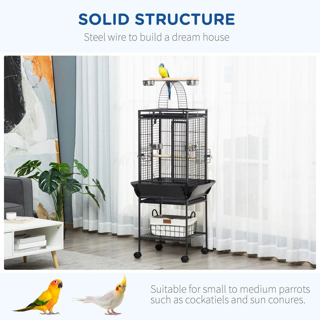 PawHut 156cm Parrot Cage with Open Play Top, Perches, Seed Guard & Wheels – Large Bird Cage, Dark Grey