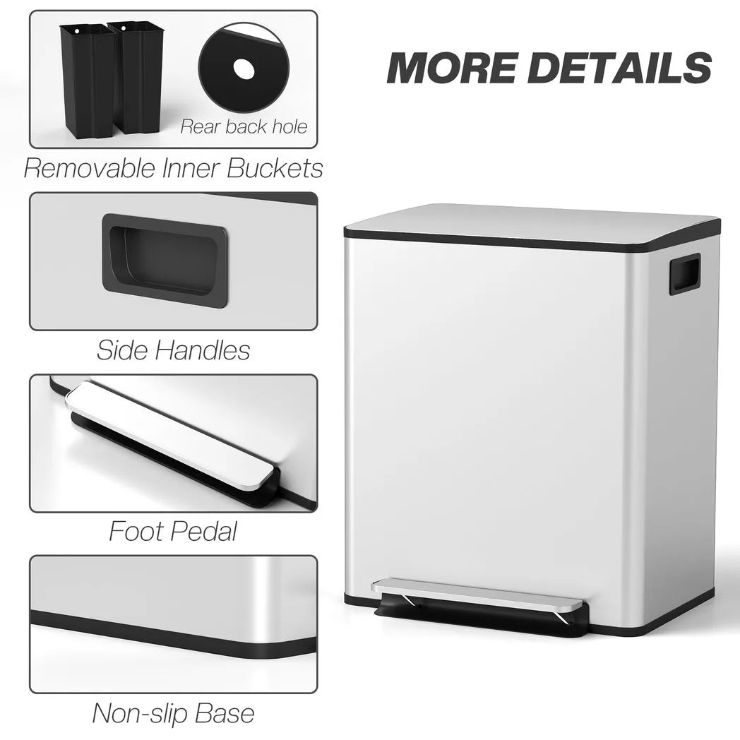HOMCOM 50L Dual Compartment Pedal Bin with Soft Close Lid, Deodoriser Holders – Stainless Steel Kitchen Bin, Silver