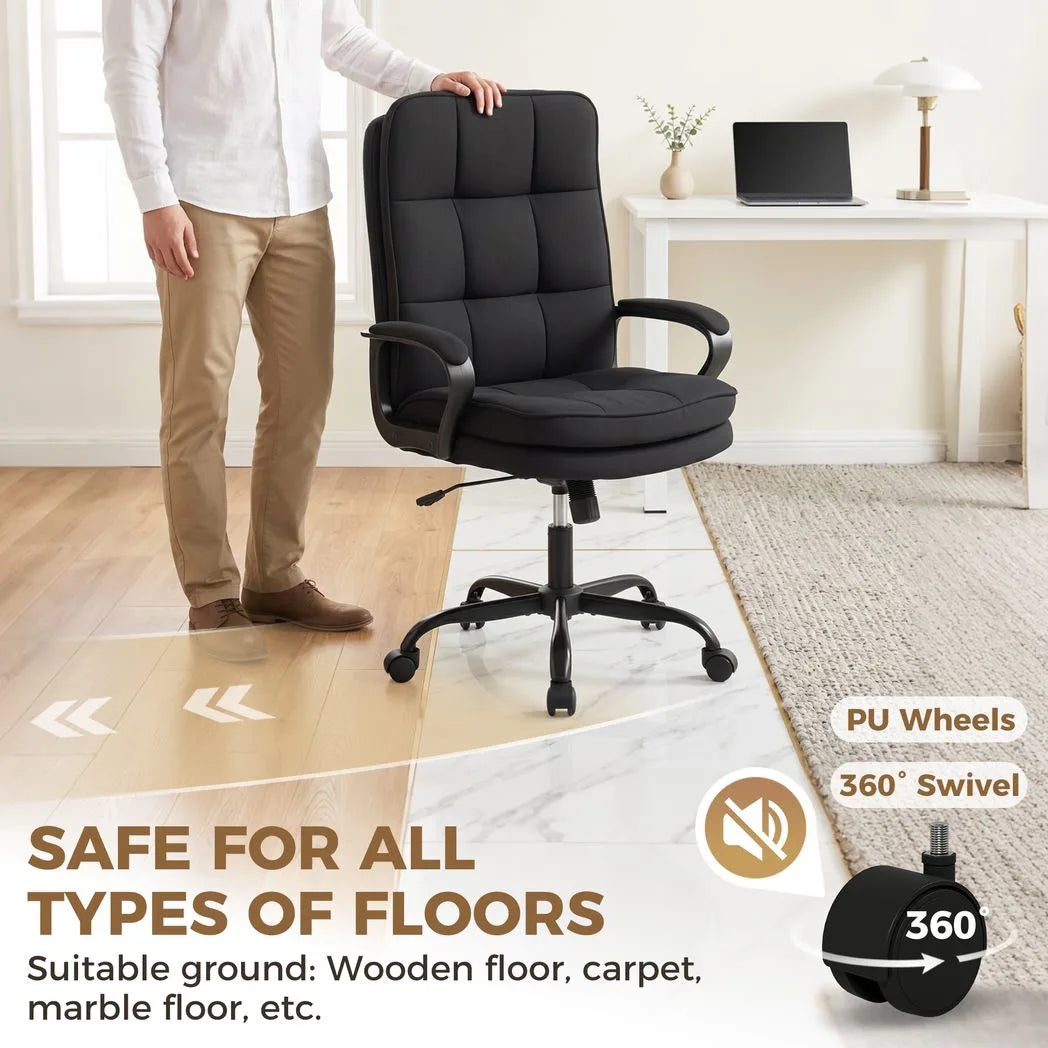 HOMCOM Double Padded Office Chair, Linen-Look Fabric, 60cm High Back, Height Adjustable and Rocking – Black