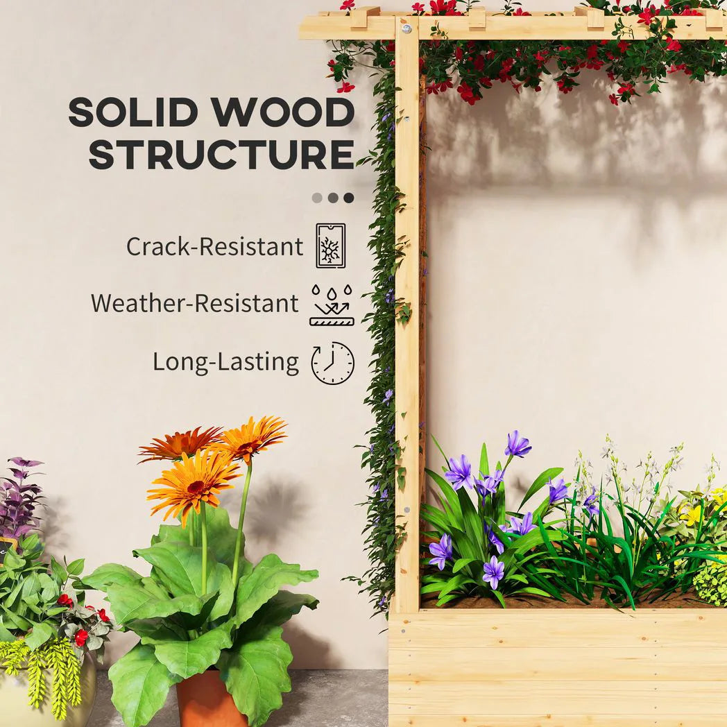 Outsunny Wooden Garden Planter with Trellis, Hanging Roof and Drainage Holes – Raised Bed, 110 cm, Natural