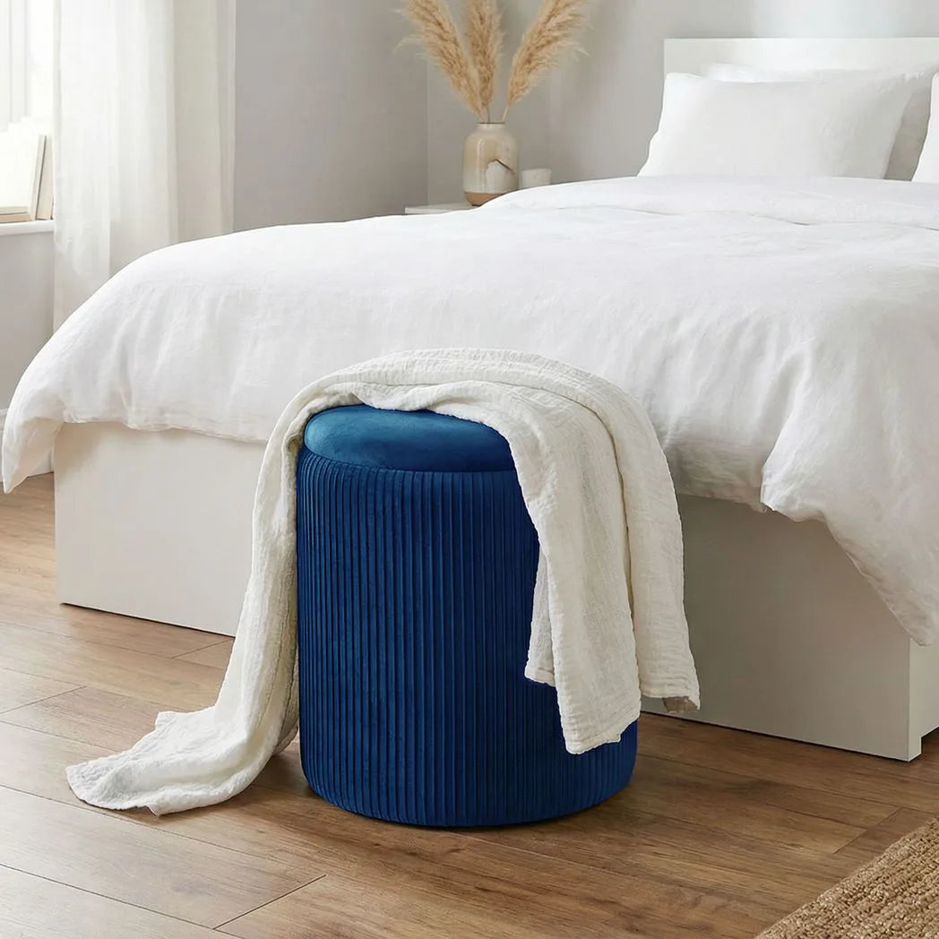 HOMCOM Round Velvet Storage Ottoman with Flip Lid Tabletop, 39.2L – 45 cm Footstool, Blue