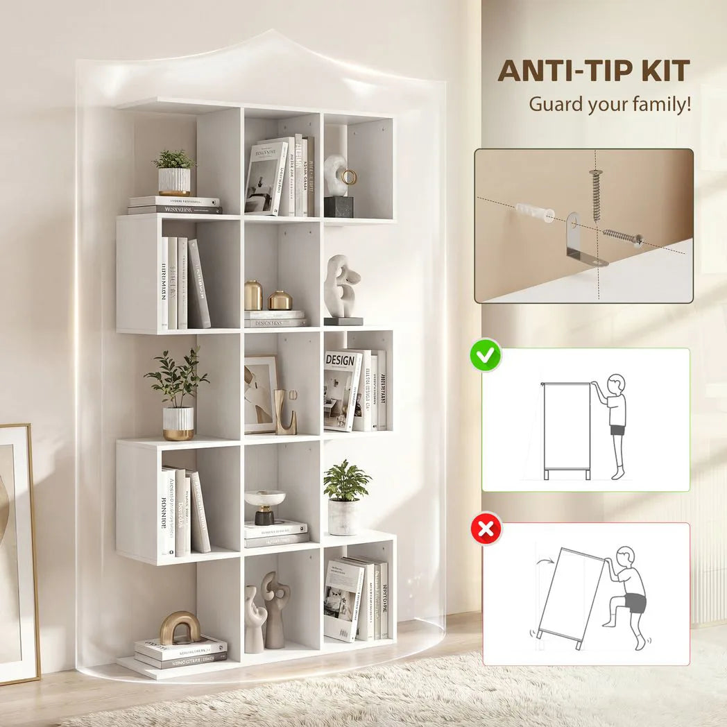 HOMCOM 5-Tier S-Shaped Bookcase with 15 Compartments – Slim Geometric Display Shelf, White Wood Effect