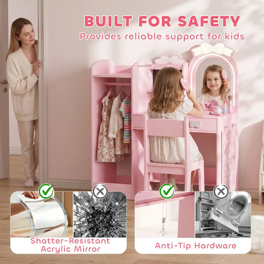 AIYAPLAY 3-in-1 Kids Dressing Table with Stool, Light-Up Mirror and Clothes Rack – Vanity Set Ages 3-8, Pink