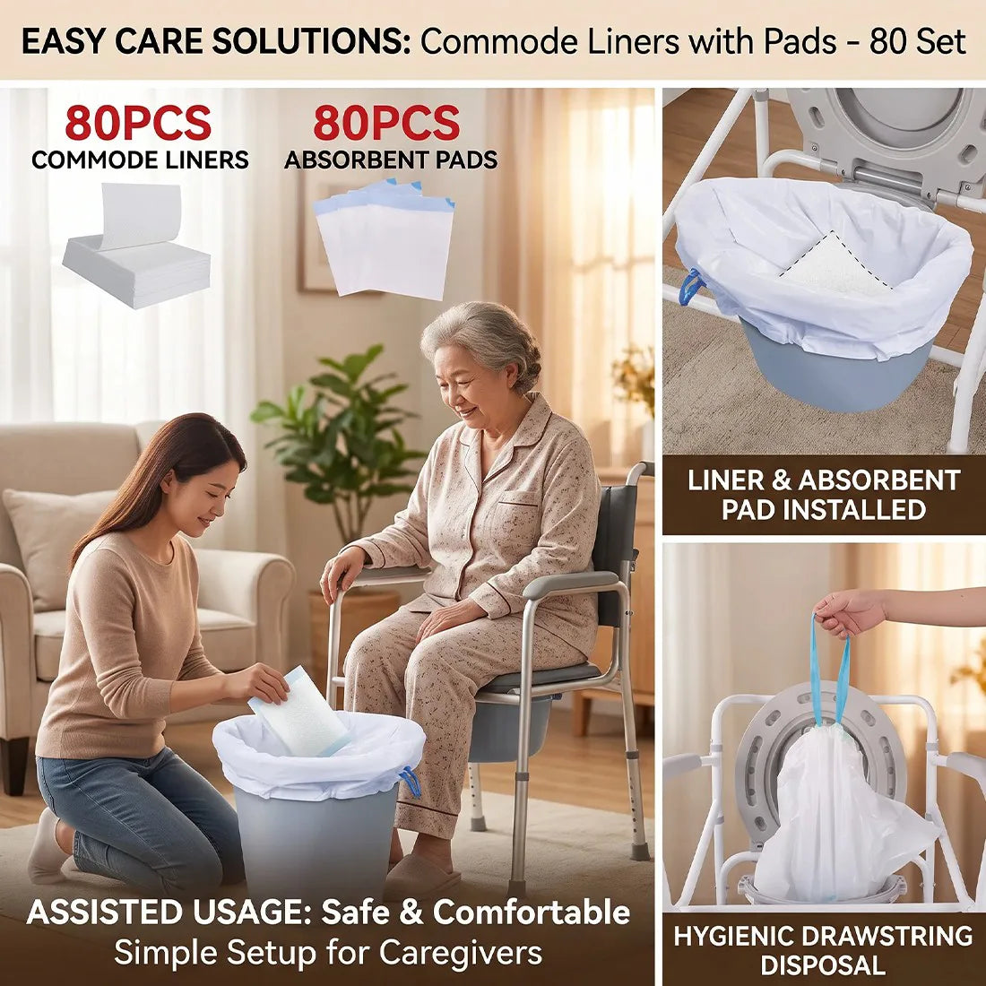 Pack of 160 Commode Liners with Absorbent Pads – Odourless Disposable Toilet Bags, Universal Fit, 53 x 40cm